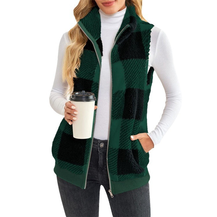 Women's Waistcoat Plaid Comfortable Veet Stand Collar Vests