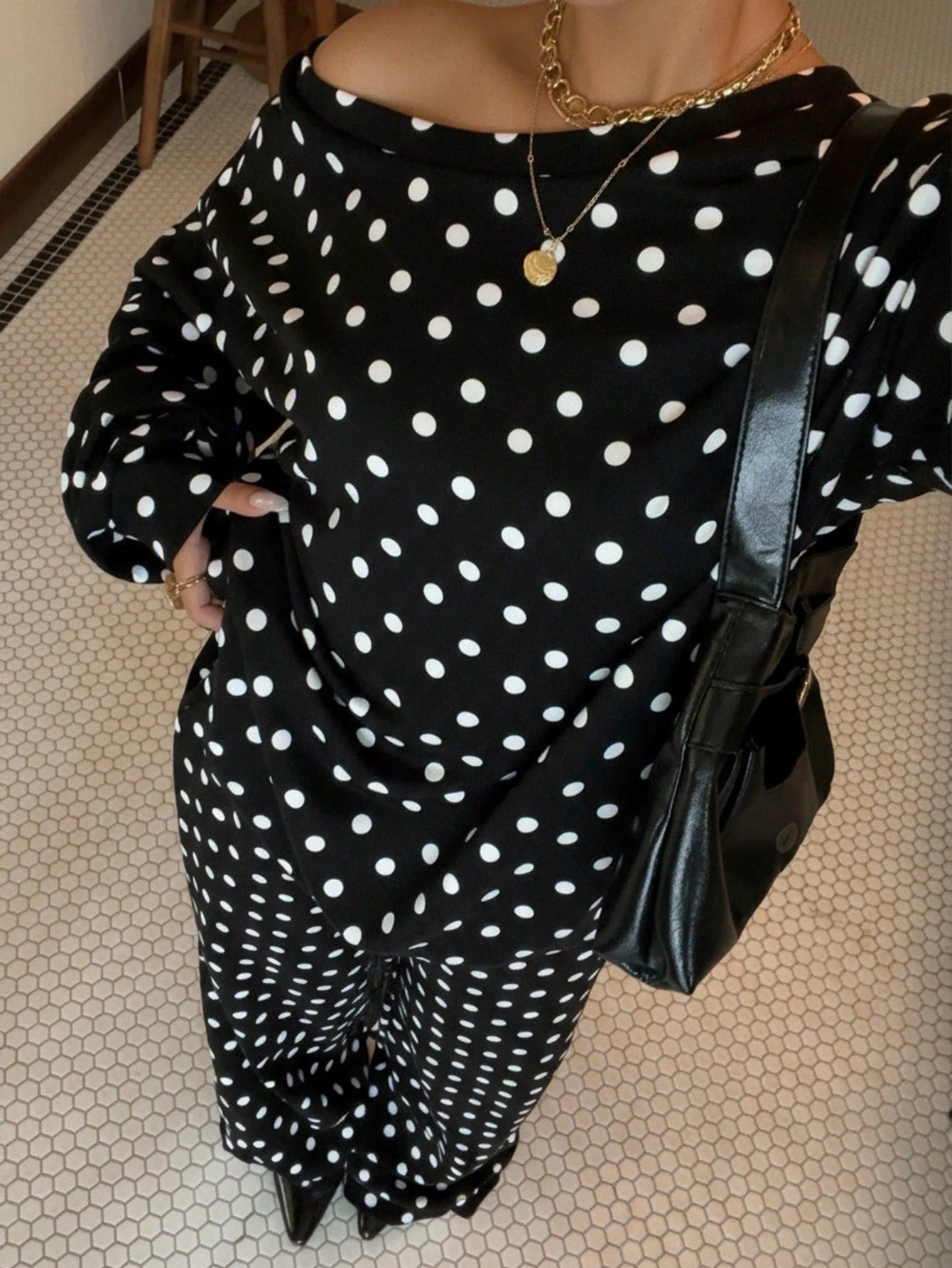 Women's Polka Dot Diagonal Collar Long Sleeve Pocket Drawstring Suits