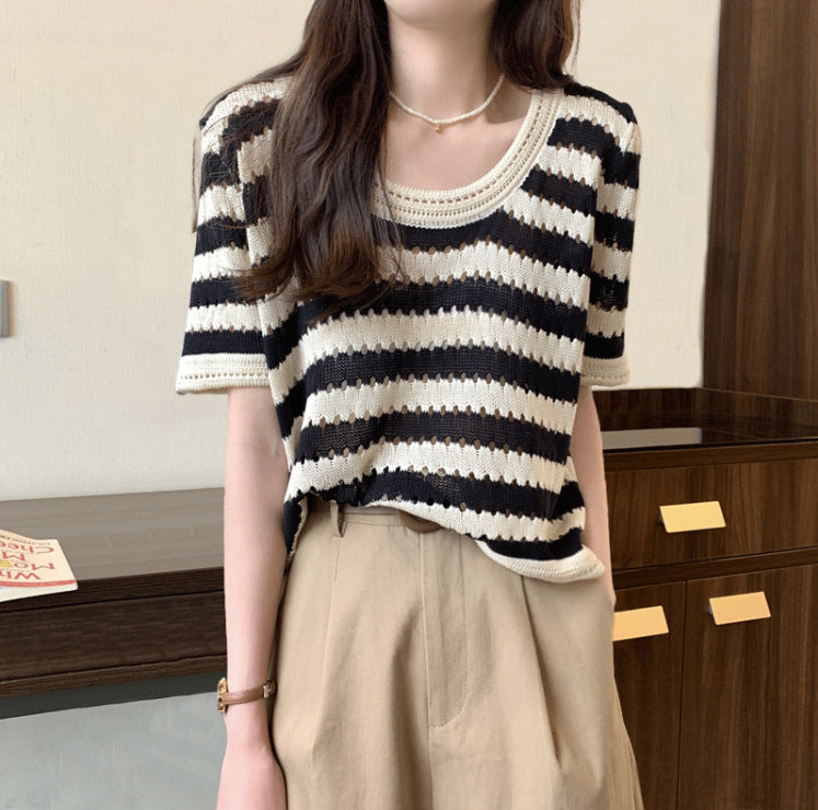 Women's Thin Hollow Loose Striped Summer Design Women's T-shirt