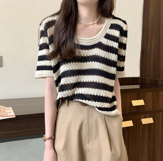 Women's Thin Hollow Loose Striped Summer Design Women's T-shirt