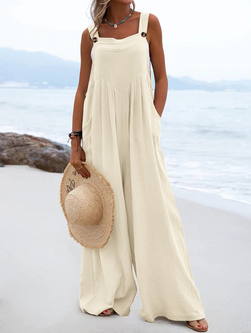 Women's Style Fashion Button Solid Color Wide Jumpsuits