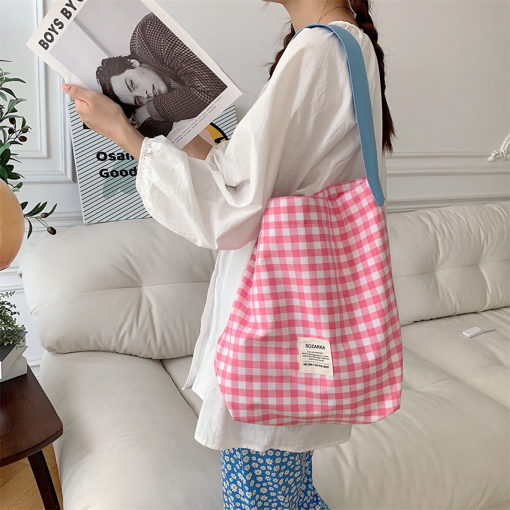 Canvas Female Check One College Art Shoulder Bags