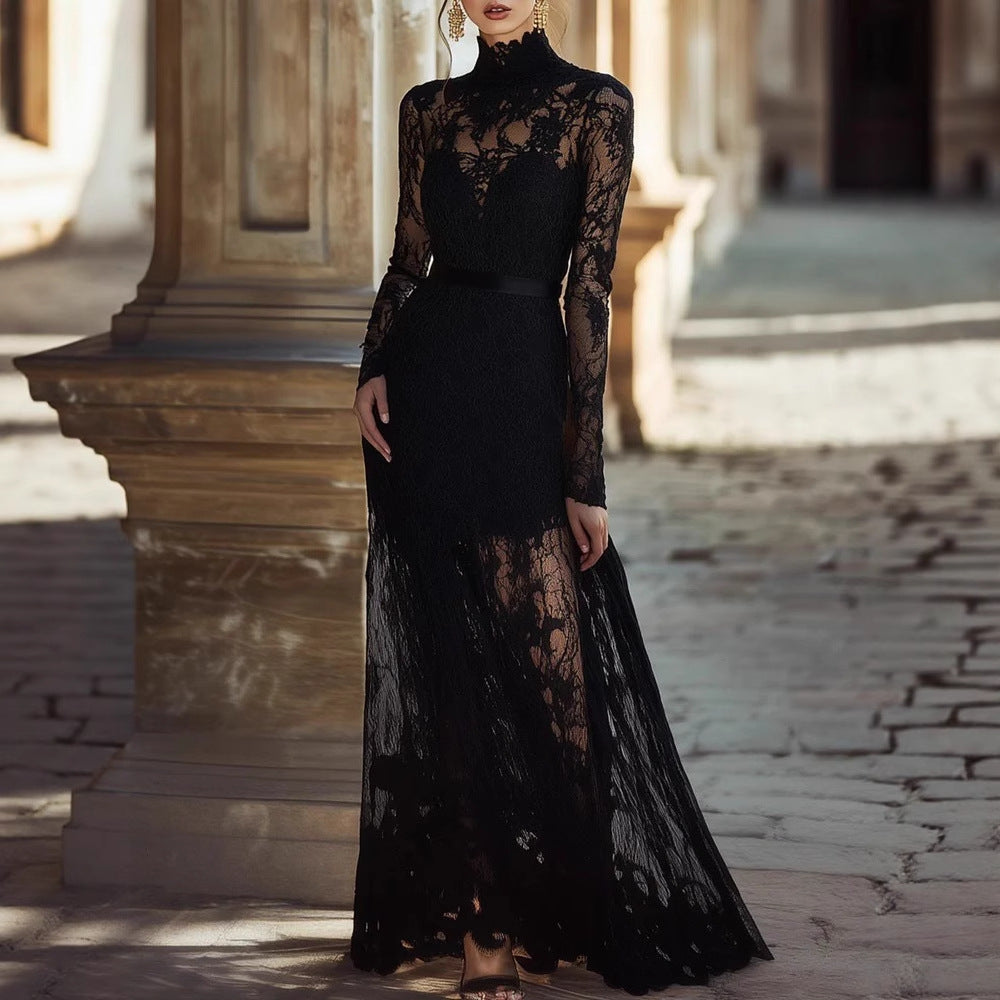 Women's Collar Long Sleeve Lace Swing Waist Slimming Dresses