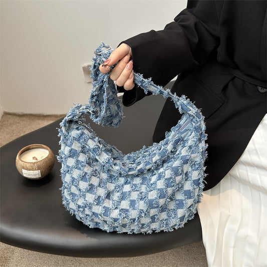 Mori Style Denim Niche Chessboard Fashion Shoulder Bags