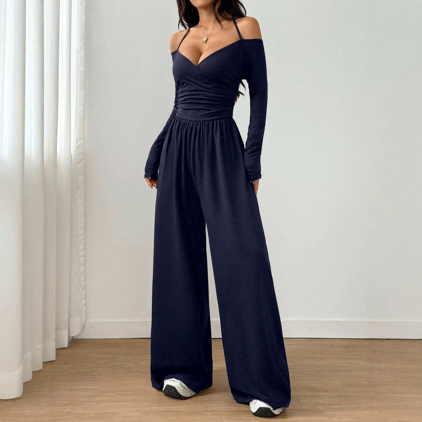 Women's Halter Long Sleeve Tight Waist Wide Leg Women's Jumpsuit/clothing