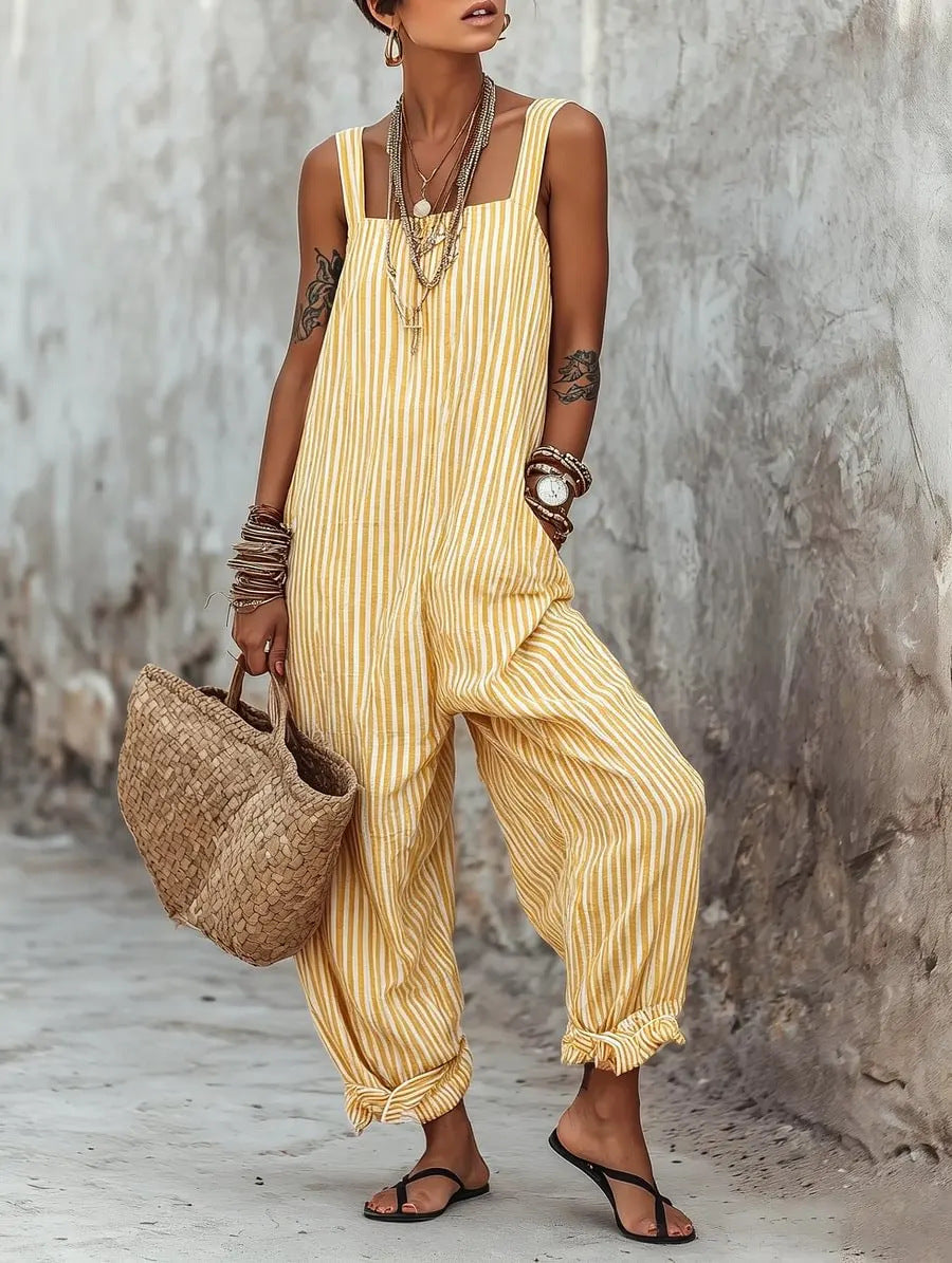 Women's Sleeveless Striped Print Loose Casual Women's Jumpsuit/clothing