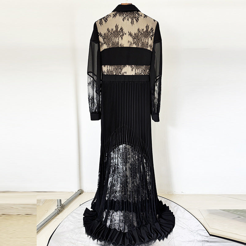 Fashionable Lace Stitching Pleated Long Floor Dress