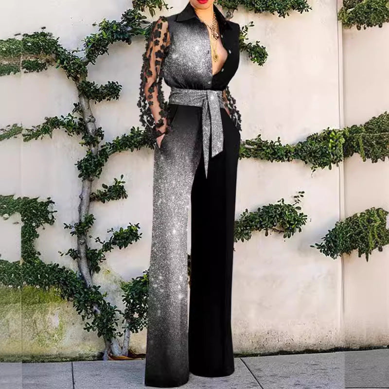 Women's Elegant Sexy Lace Stitching Bell-bottom Jumpsuits