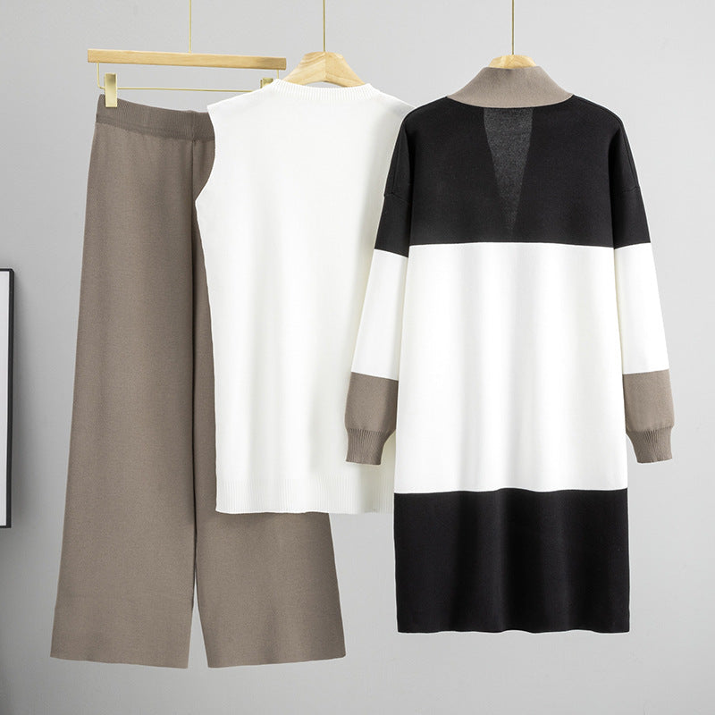 Women's Autumn Knitted Mid-length Wide Leg Three-piece Cardigans