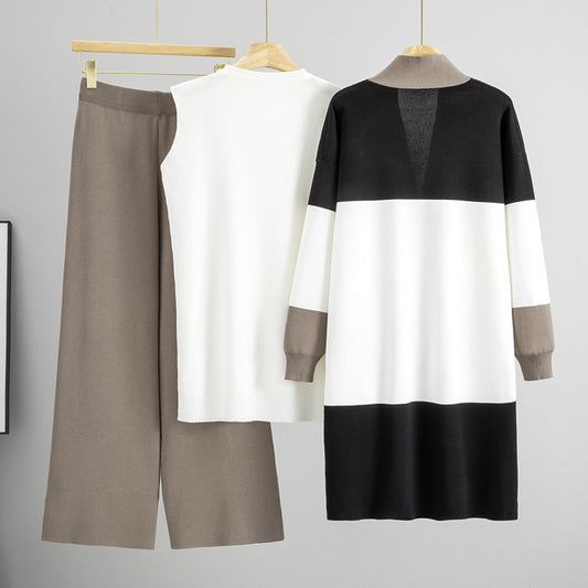 Women's Autumn Knitted Mid-length Wide Leg Three-piece Cardigans