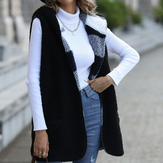 Women's Veet Casual Mid-length Hooded Sleeveless Plaid Coats