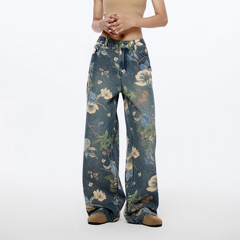 Women's & Men's & American High Street Floral Printed Jeans