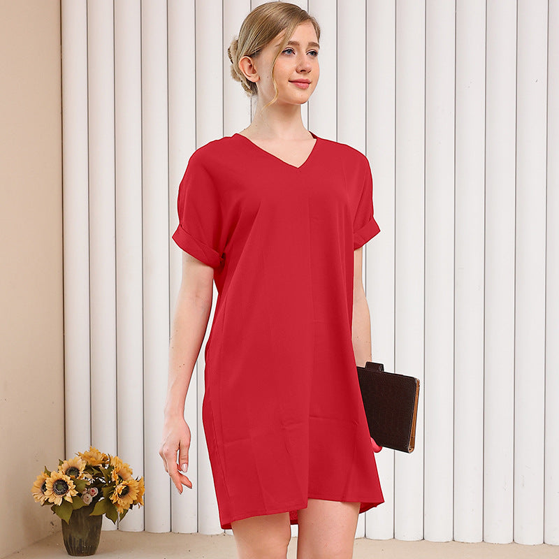 Solid Color Short-sleeved Stitching Seersucker High Waist Dress