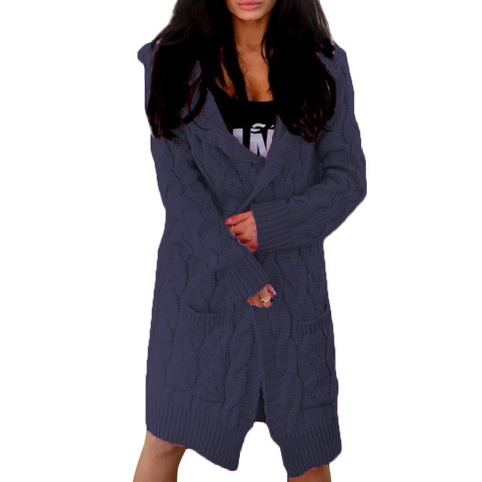 Women's Long Thick Thread Knitted Hooded Double Knitwear