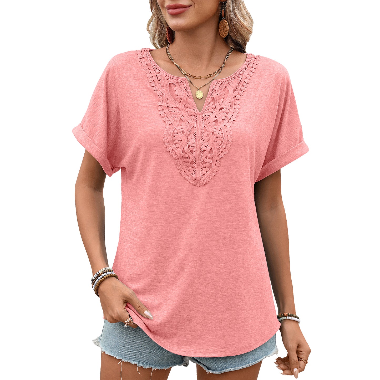 Women's Solid Color Lace Loose Sleeve Women's T-shirt