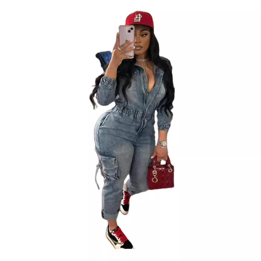 Denim Fashion Wash High Elastic Long Sleeve Jumpsuits