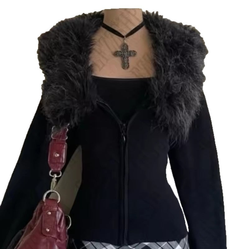 Fashion Retro Design Plush Brim Zipper Coats
