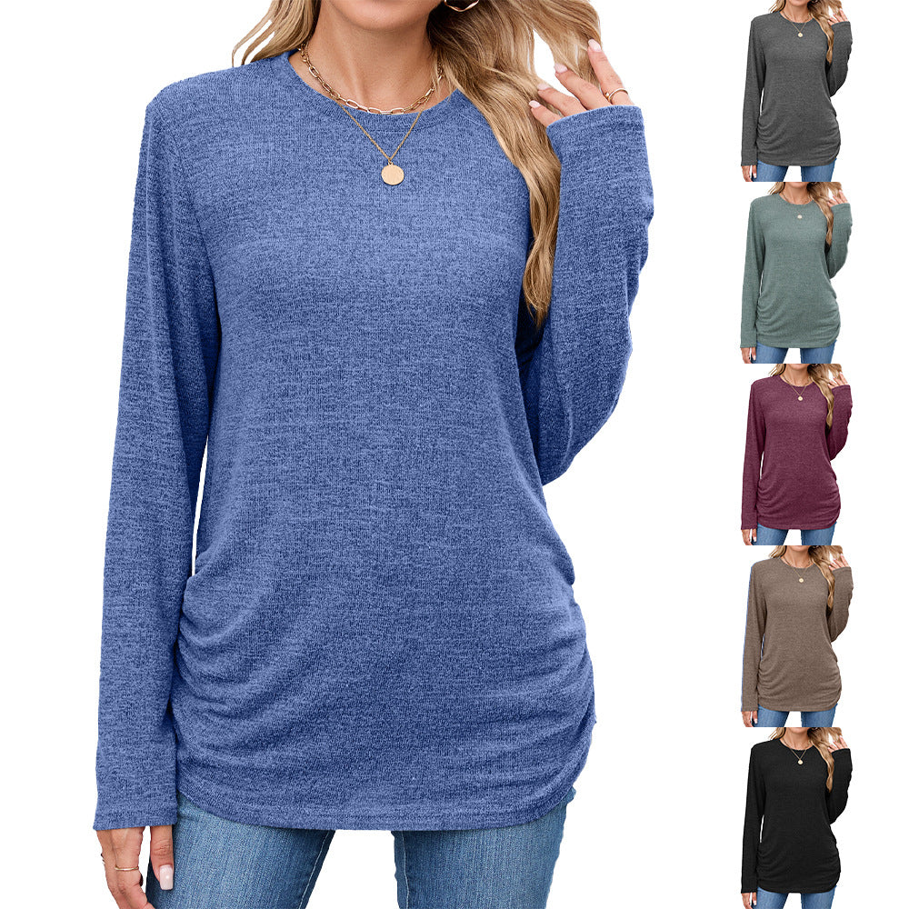 Women's Solid Color Round Neck Loose Long-sleeved Women's T-shirt