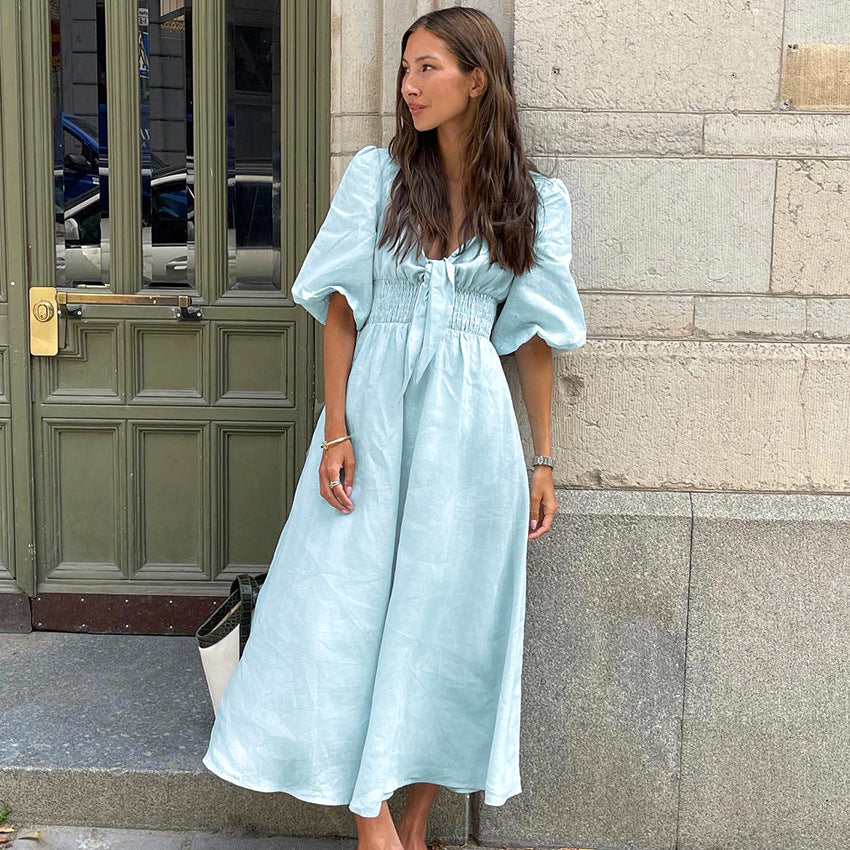 Women's Linen Dress French Autumn Puff Sleeve High Waist Dresses