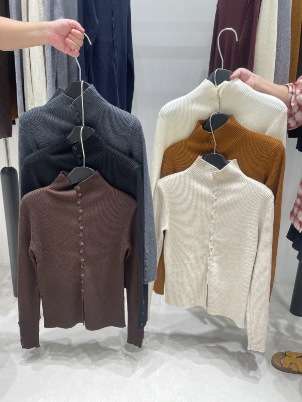 Women's Turtleneck Stand Collar Decorative Buttons Slim Knitwear