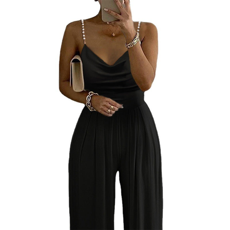 Pearl Suspender Wide Leg Sleeveless Backless Jumpsuits