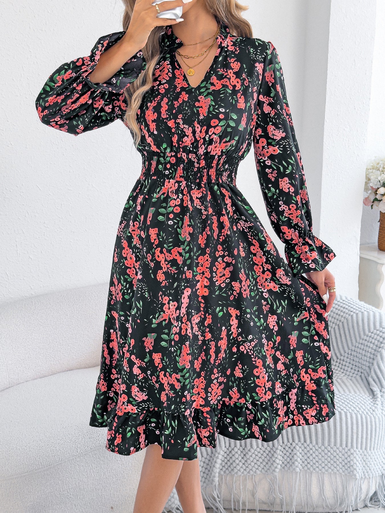 Women's Casual Floral Flared Sleeve Waist A- Dress