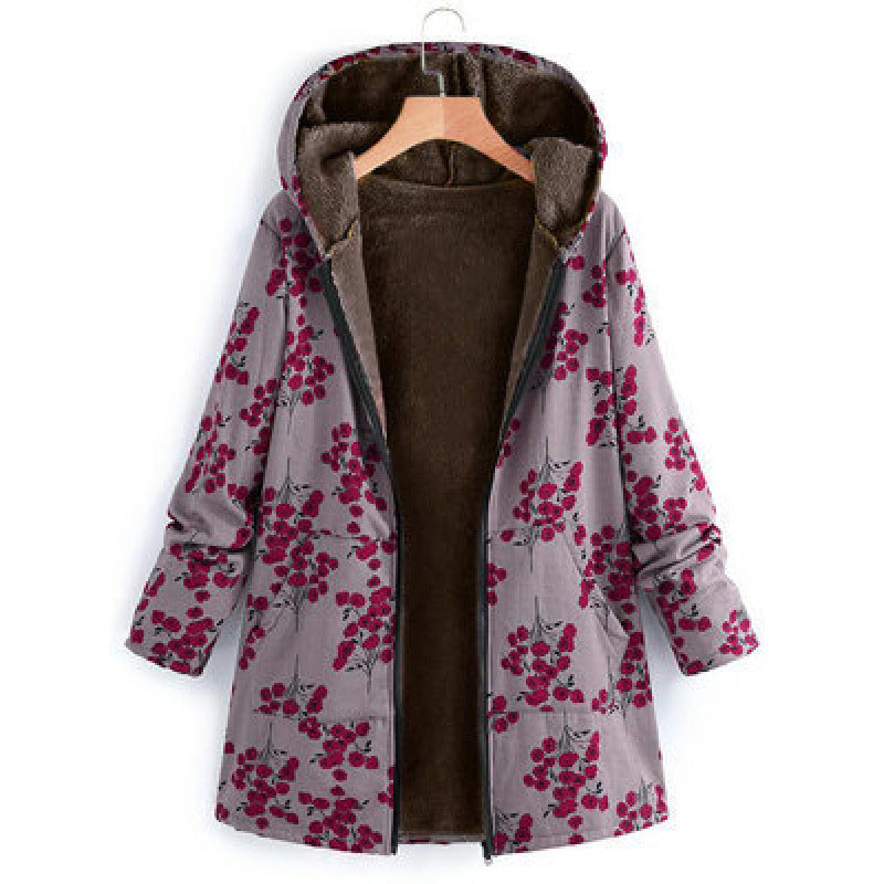 Women's Long-sleeved Zipper Hooded Thickened Composite Printed Dresses
