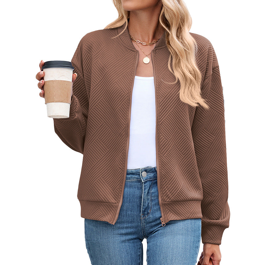 Solid Color Round Neck Loose Zip Long Sleeve Uniform