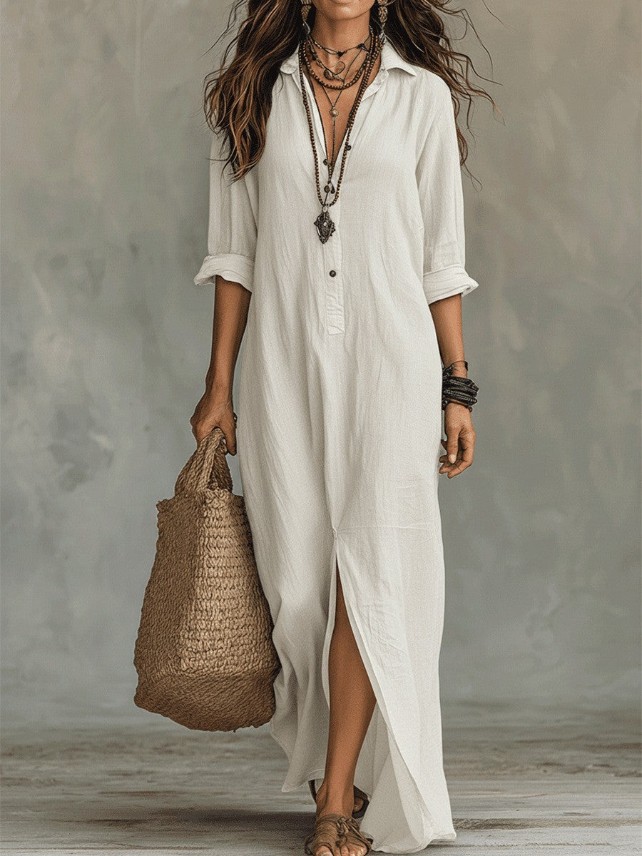 Shirt Collar Floor Casual Slit Long Dress