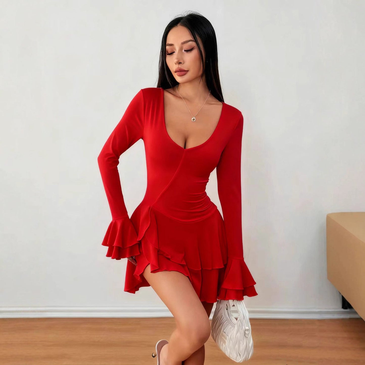Women's High Waist Solid Color Long-sleeved Dress