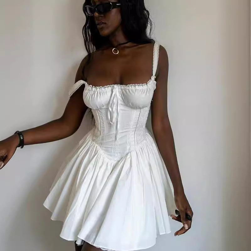 Dopamine Aurore Fishbone Cinched Waist Suspender Dresses