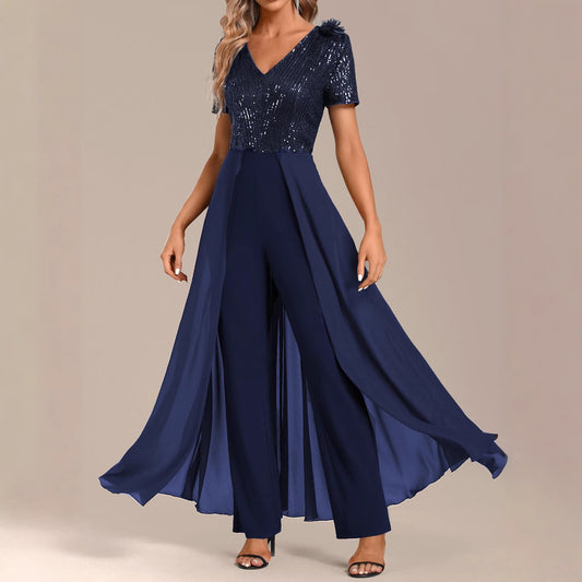 Women's Solid Color Elegant Chiffon Sequin Stitching Jumpsuits