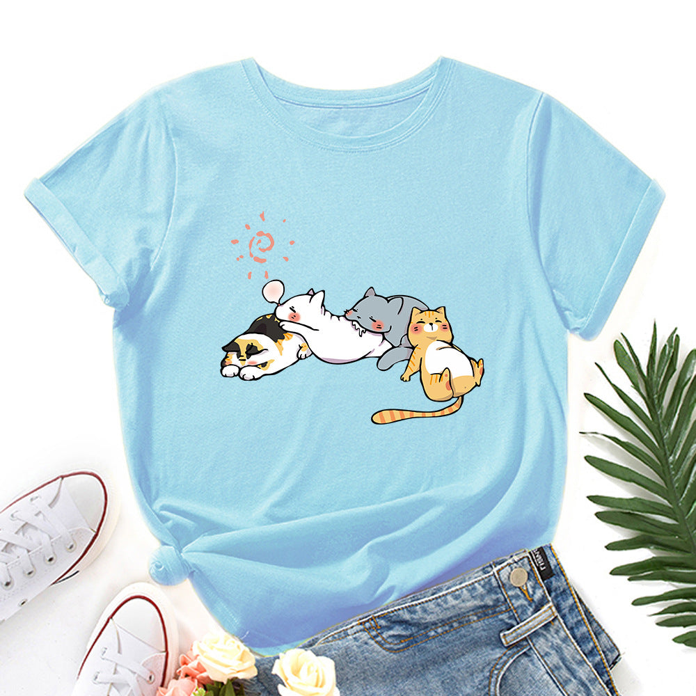 Women's Sleeping Cat Printing Loose Round Neck Sleeve Women's T-shirt