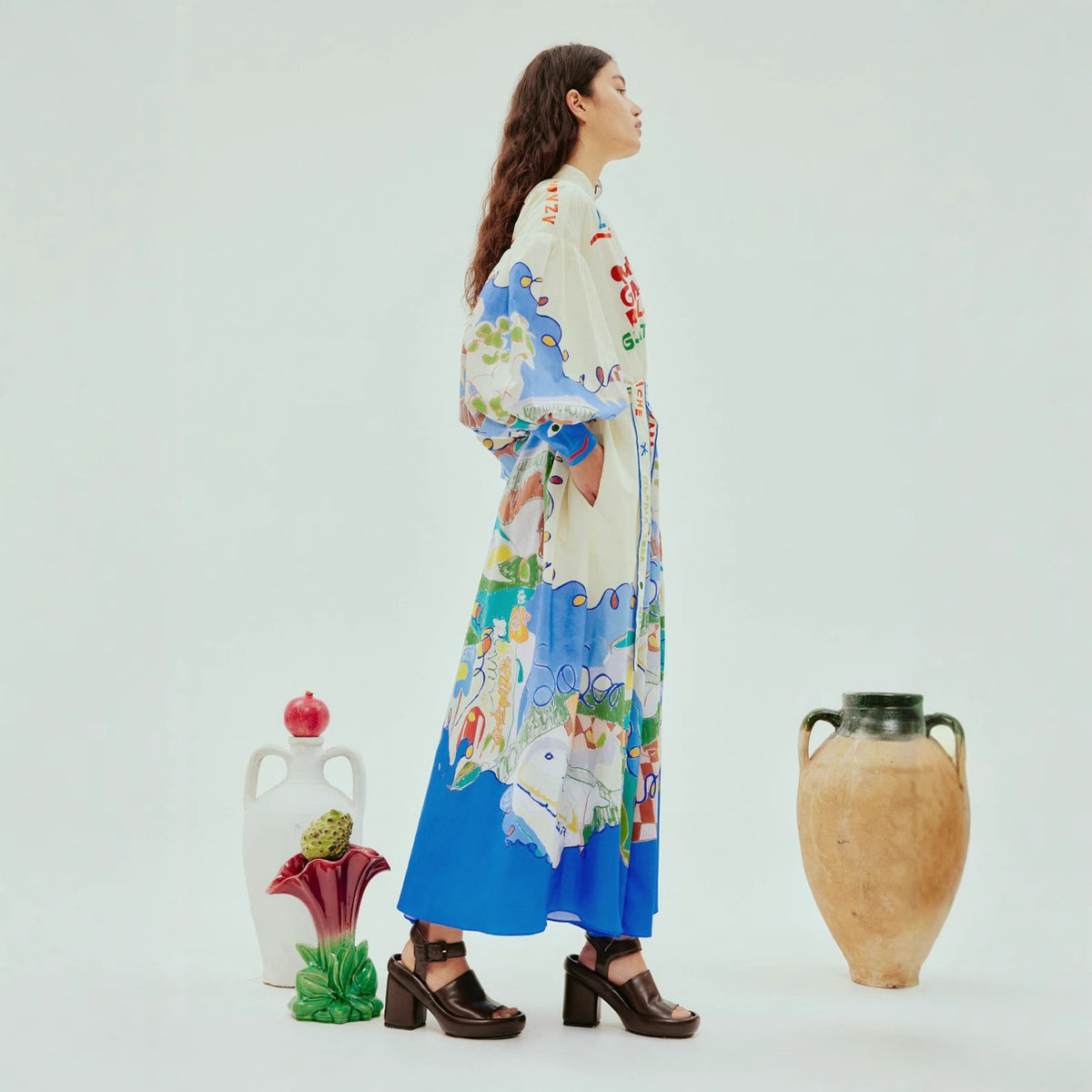 Single-breasted Long Lantern Sleeve Iti Printing Dress