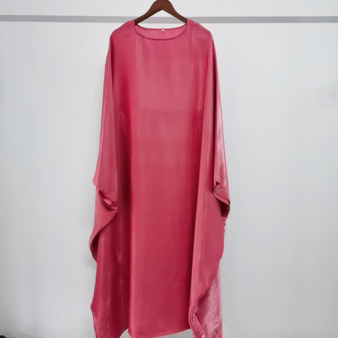Solid Color Loose Simple Shiny Satin Robe Batwing Dress