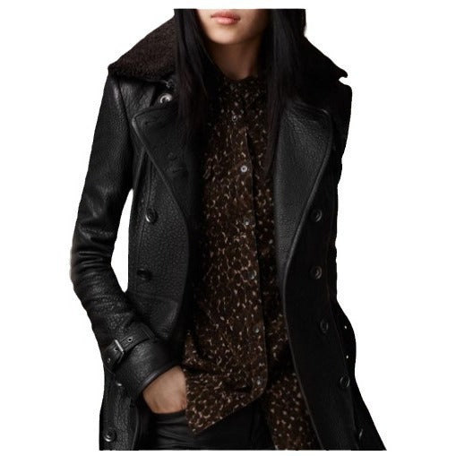 Women's British Fur Collar Leather Mid-length Motorcycle Jackets