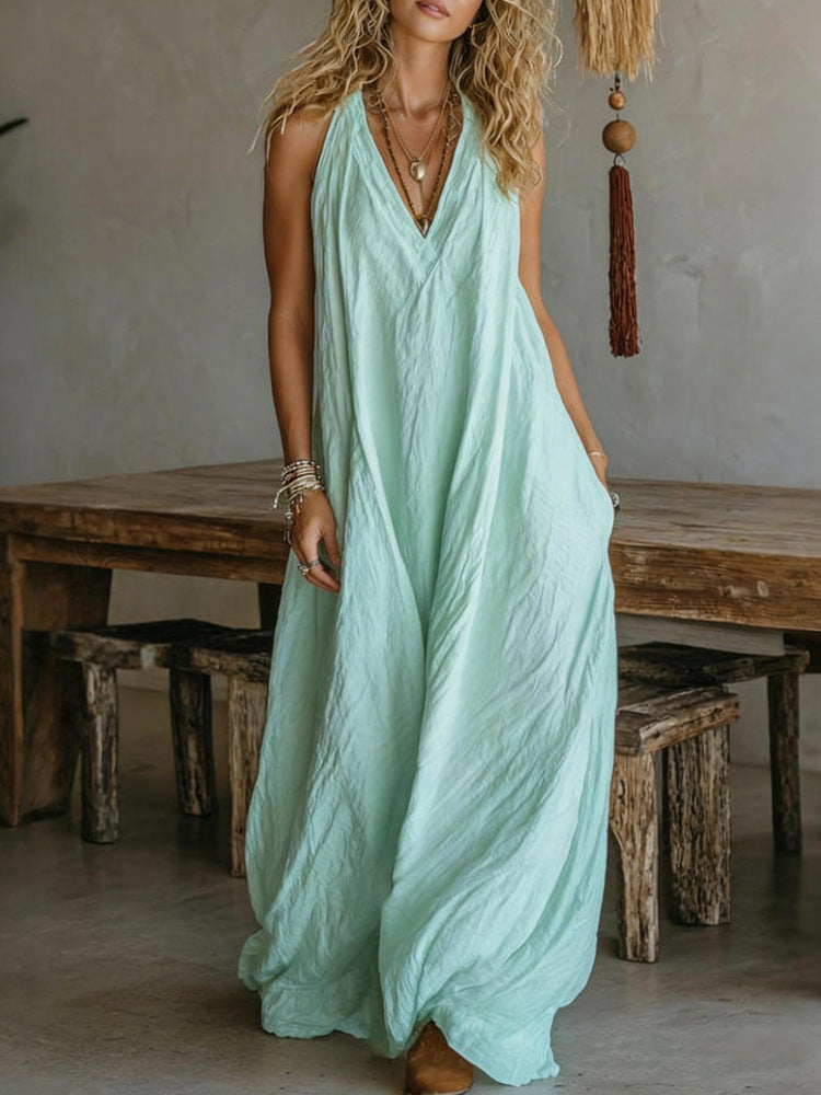Women's Casual Sleeveless Loose Pockets Cotton Linen Jumpsuits