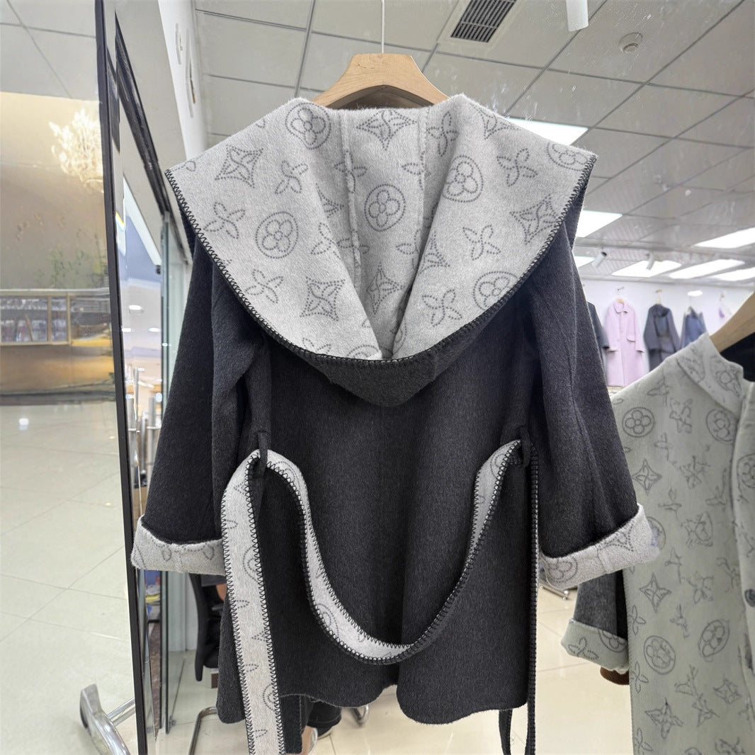 Women's Mid-length Jacquard Double-sided Wool Overcoat Hooded Coats