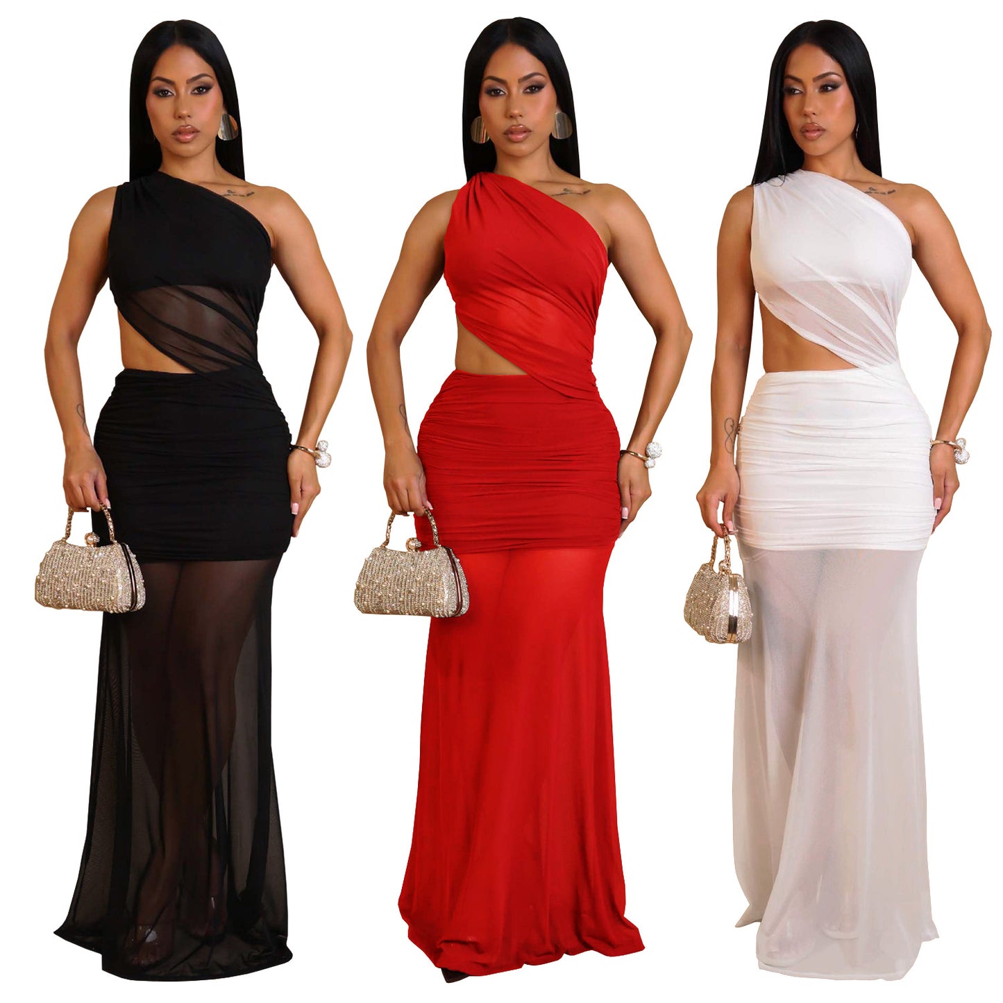 Women's Fashion Wear Sexy Oblique Shoulder Mesh Dresses
