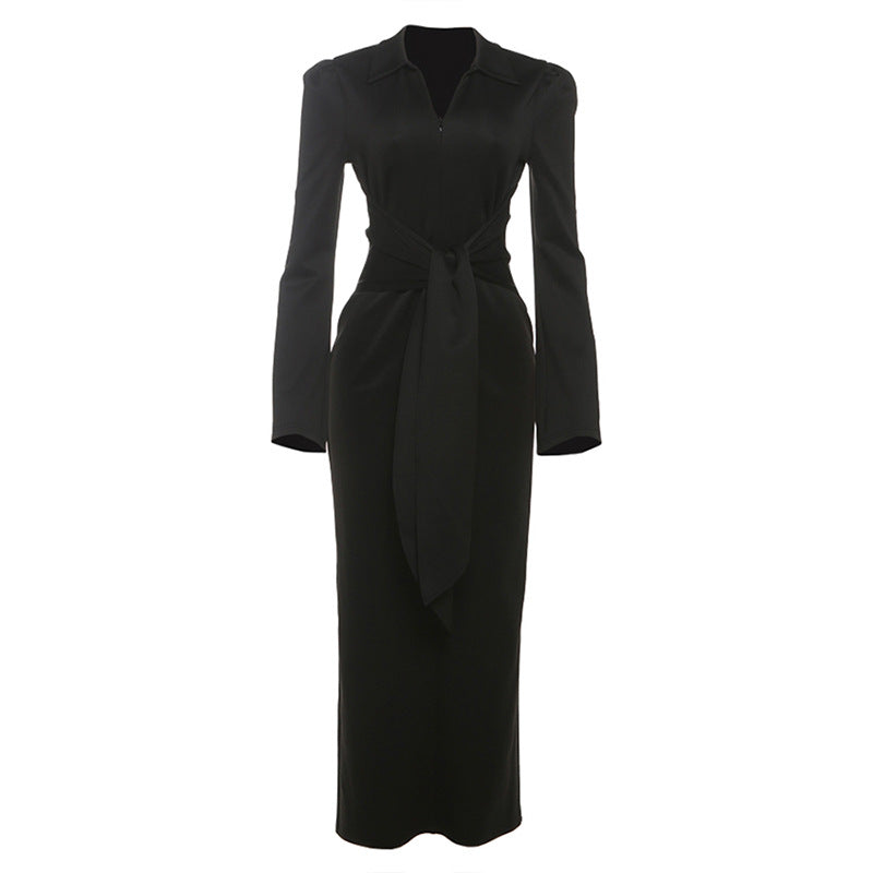 Women's Color Temperament Lapel Waist Tight Lace Dresses