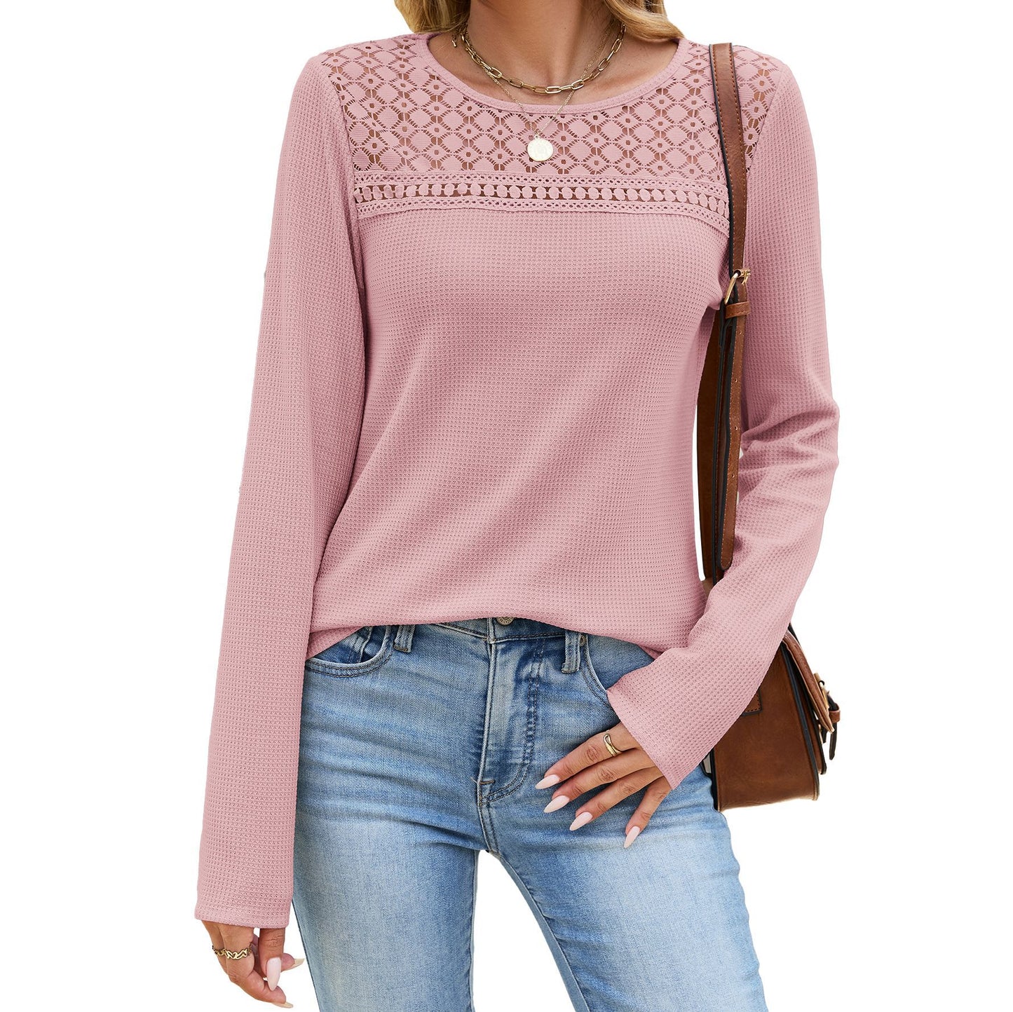 Women's Solid Color Round Neck Lace Stitching Loose Women's T-shirt