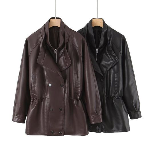 Women's Autumn Fashion Double-breasted Drawstring Waist Design Double Jackets