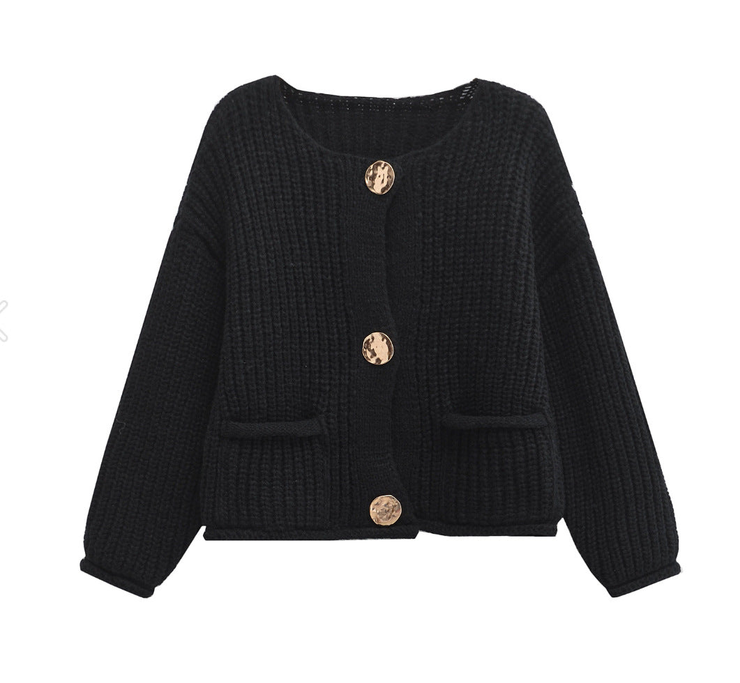 Women's Solid Color Single-breasted Double Pocket Thick Sweaters