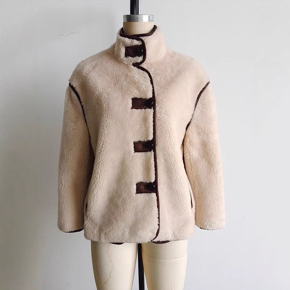 Women's Stand Collar Inlaid Fleece Loose Jackets