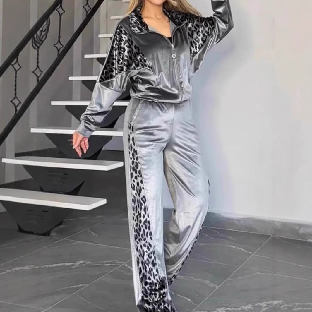Leopard Print Contrast Color Trousers Long Suits