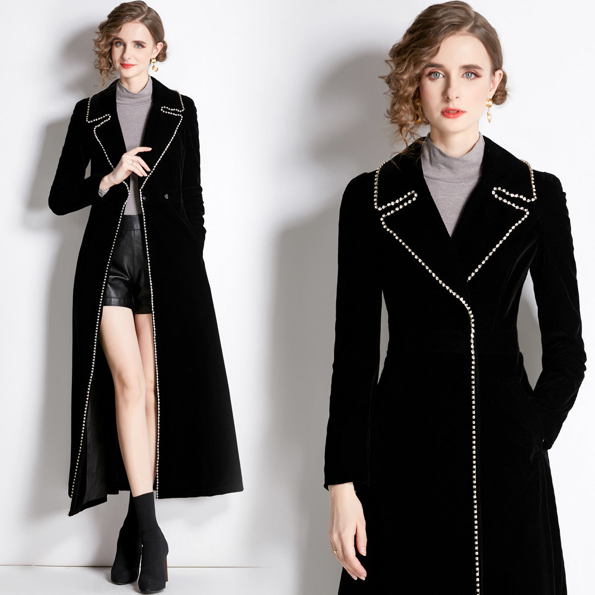 Women's Black Beaded Veet Trench Waist Slimming Coats