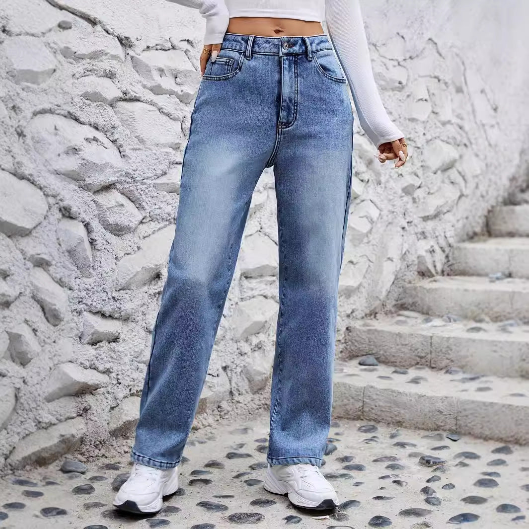 Women's Stretch Fleece Straight Slimming Denim Trousers Jeans