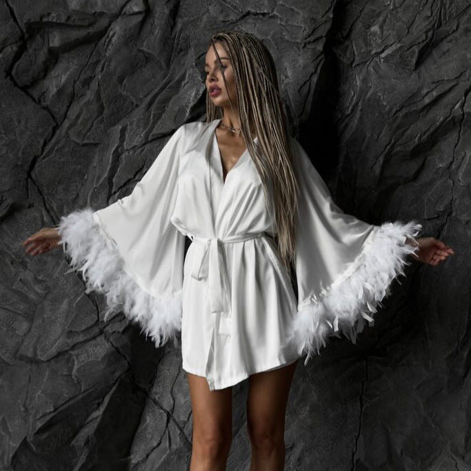 Women's Satin High-grade Stitching Feather Underwear Nightgown Suits