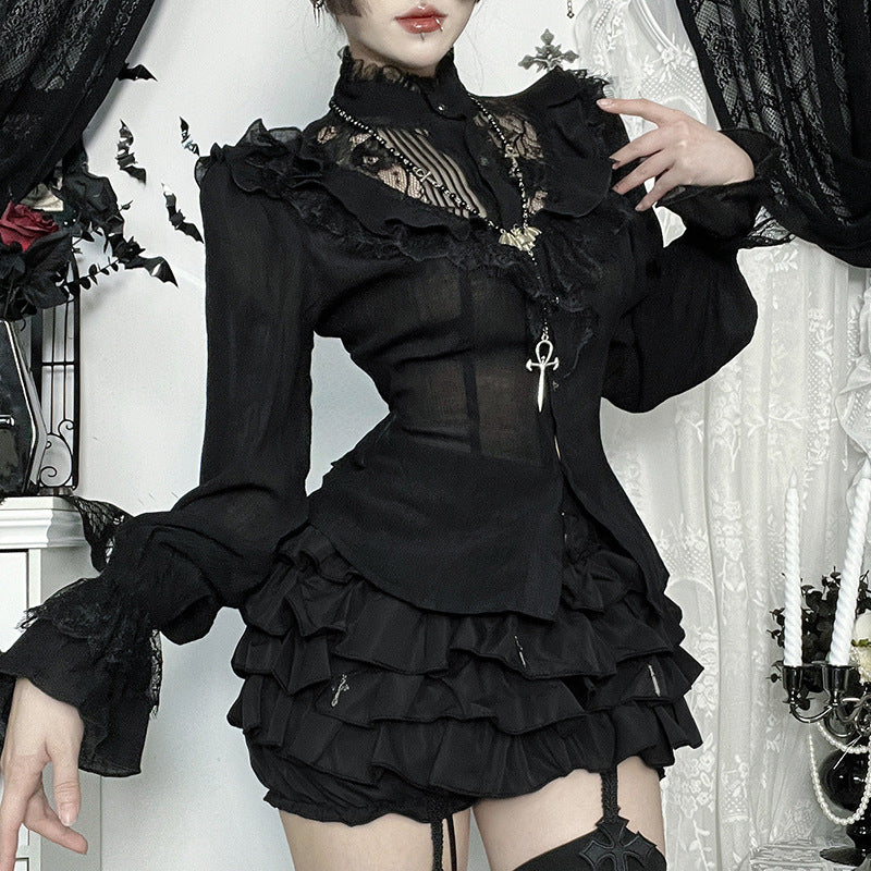 Dark Lace Long-sleeved Shirt Gothic Style Blouses