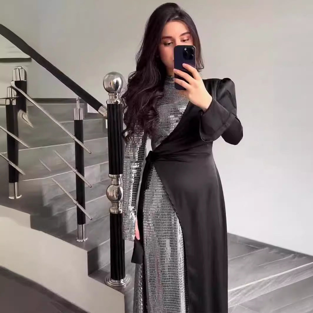 Spring Stylish Temperament Long Sleeves Stitching Sequins Design Dresses